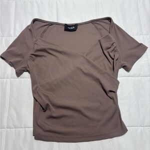 Cropped Cider Cropped Taupe Ribbed Short Sleeve Top Size S